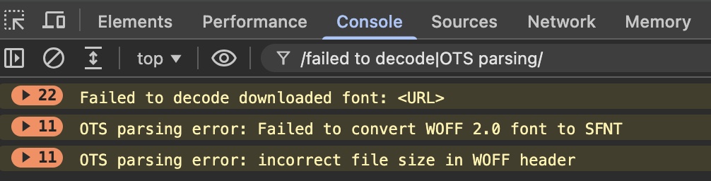 Chrome DevTools Console filtered to font errors"