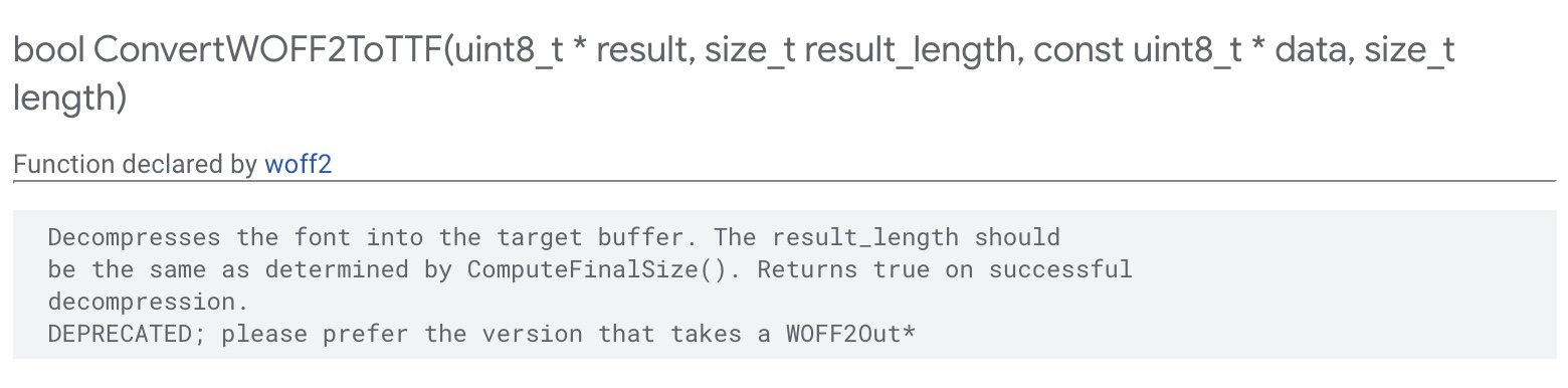 Documentation for bool ConvertWOFF2ToTTF