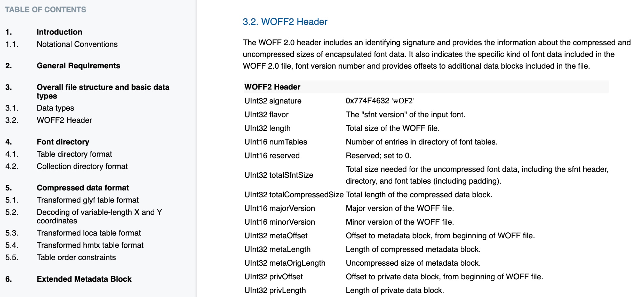 The WOFF2 specification's section 3.2 WOFF2 Header table