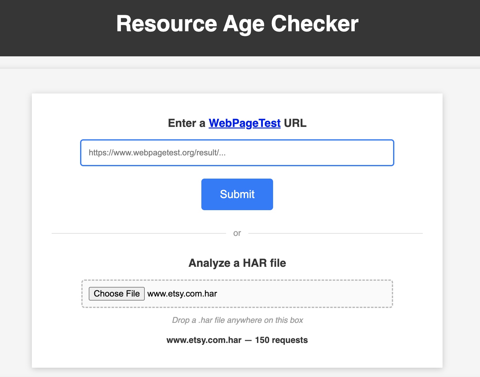 Resource Age Checker tool takes a WebPageTest URL input or a HAR file